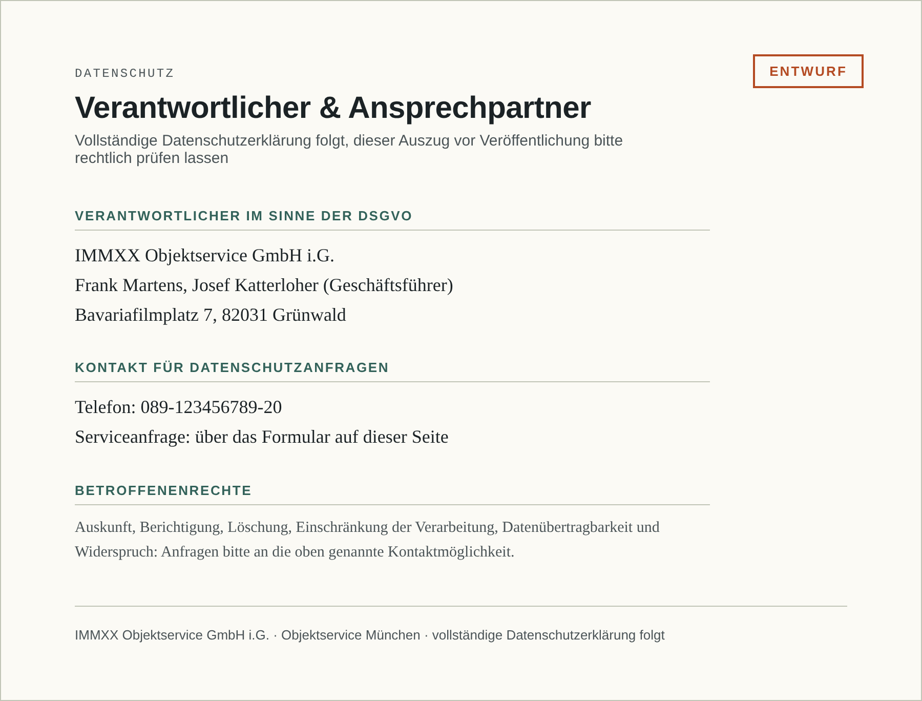 Datenschutz Verantwortlicher und Ansprechpartner (Musterinhalt, noch nicht rechtsgültig)